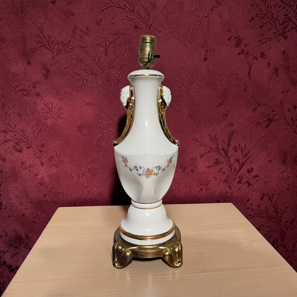 Mid Century Floral Porcelain Table Lamp Ornate Gold Handles Gilt Base Floral Urn